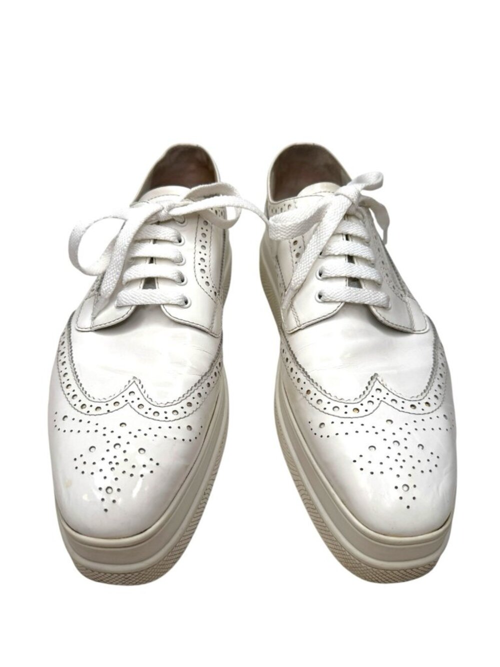 Prada 40.5 White Patent Leather Wingtip Brogue Platform Derby Sneakers